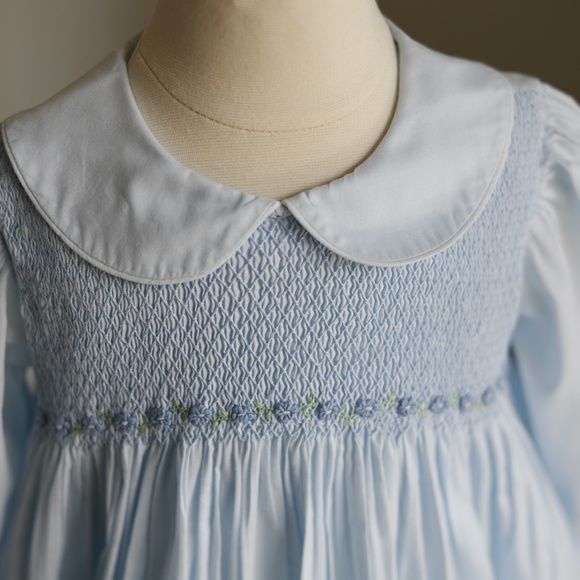 Strasburg Dress Long Sleeve Light Blue Hand Smocked Embroidery Like New - Picture 2 of 6